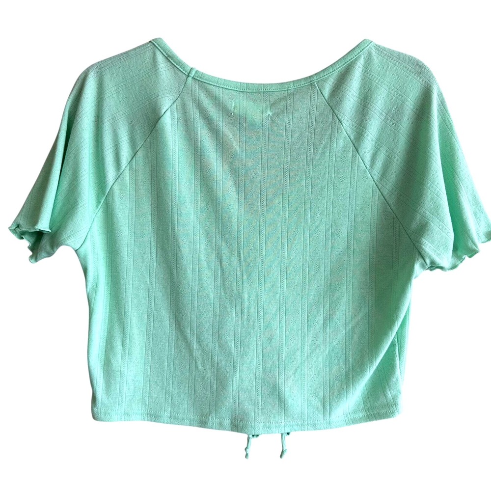 Colsie Mint Green Ribbed Knit Crop Top V Neck Drawstring Short Sleeve XL‎ - Picture 2 of 6
